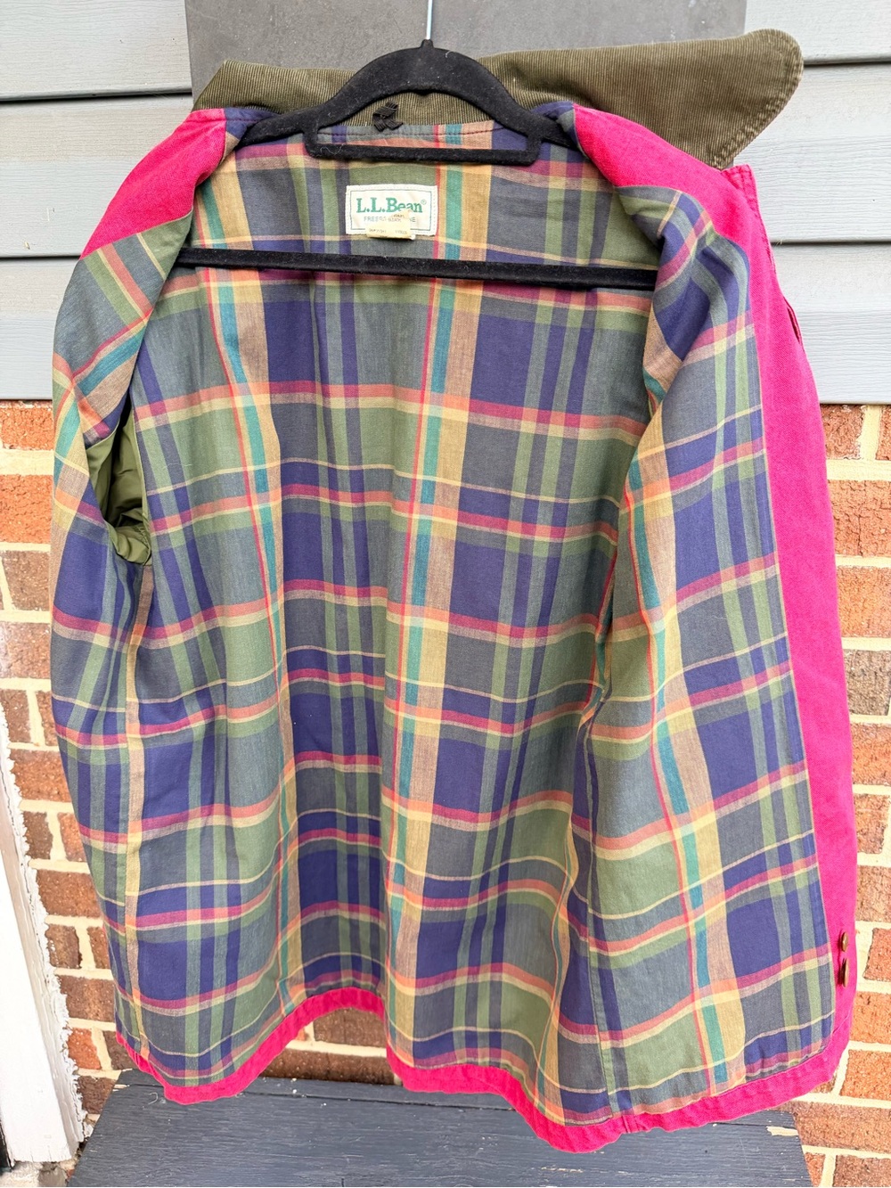 L.L. Bean Red Barn Coat with Plaid Lining Green corduroy trim